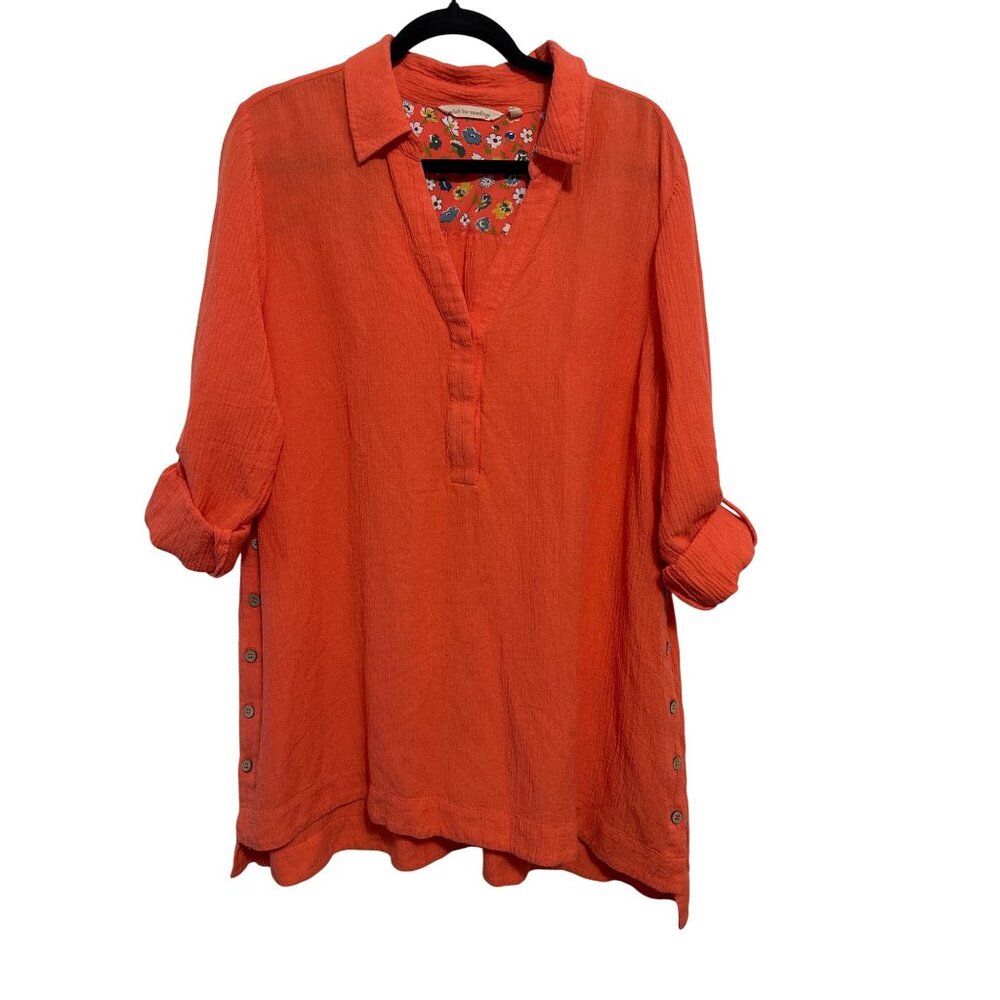 Soft Surroundings Womens Orange Tunic Top W/Button Accents & Floral Lining - Siz